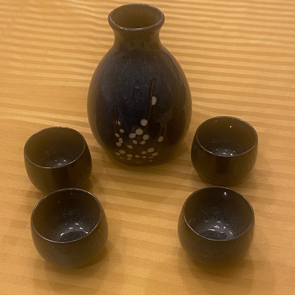 Blue Sake Set with Floral Design